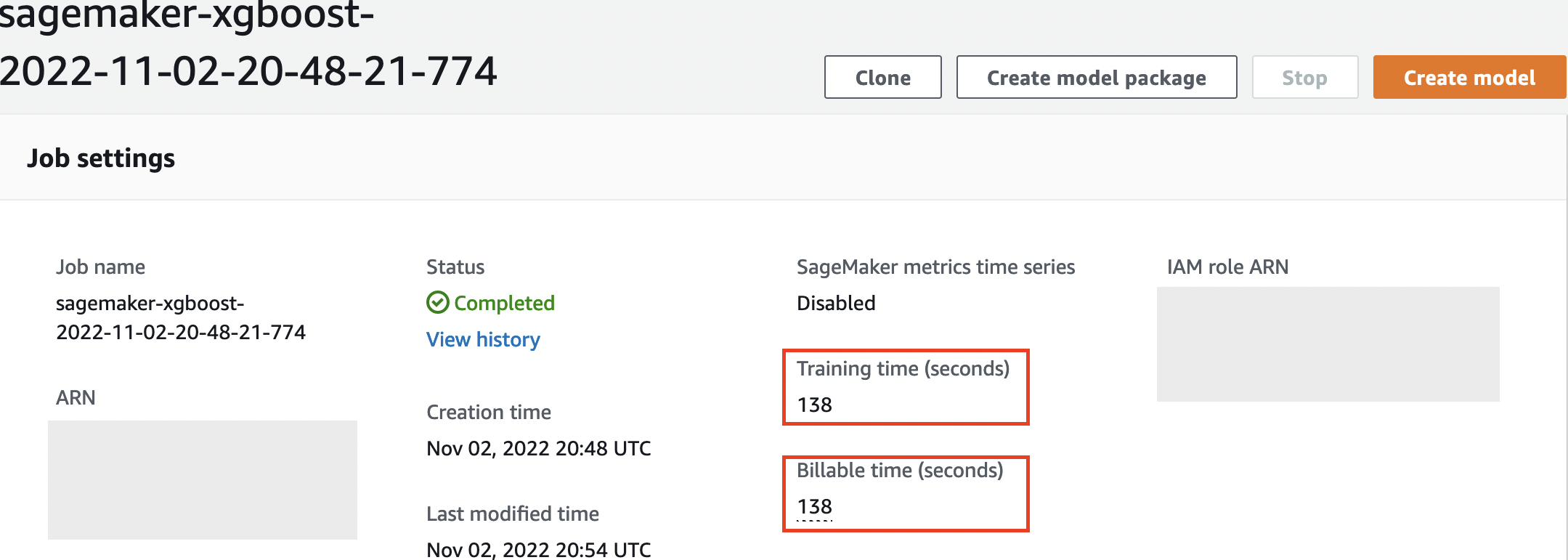 Console view of a single SageMaker Training job