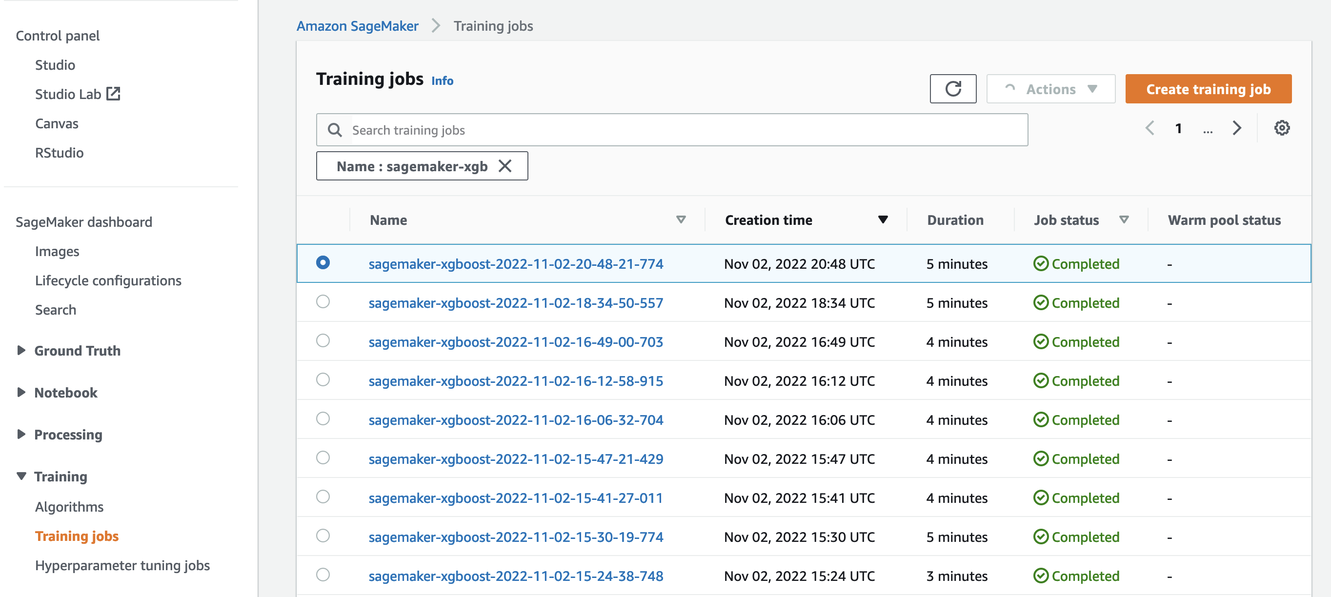 Console view of SageMaker Training jobs