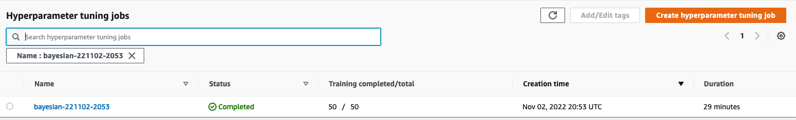 Console view of the Hyperparameter tuning jobs page. Image shows the list view of tuning jobs, containing our 1 tuning entry