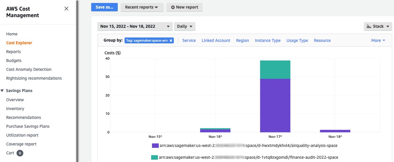 Una vez que esté completo, puede usar AWS Cost Explorer para identificar cuánto le cuestan a su organización los proyectos de aprendizaje automático individuales.