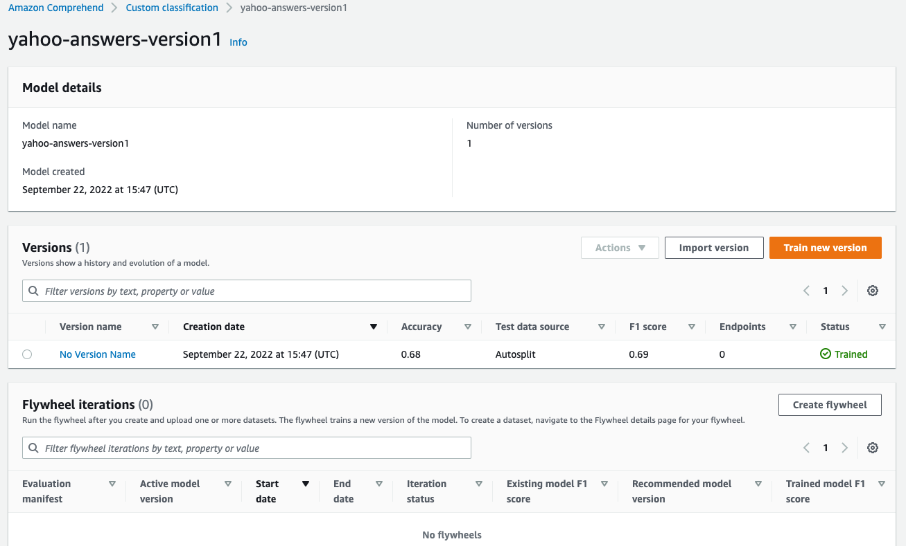 Console view of the initial version of the custom classifier as a result of the create-document-classifier command previously described: