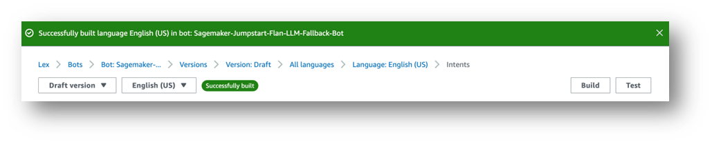 Amazon Lex コンソール上部に表示される成功メッセージ