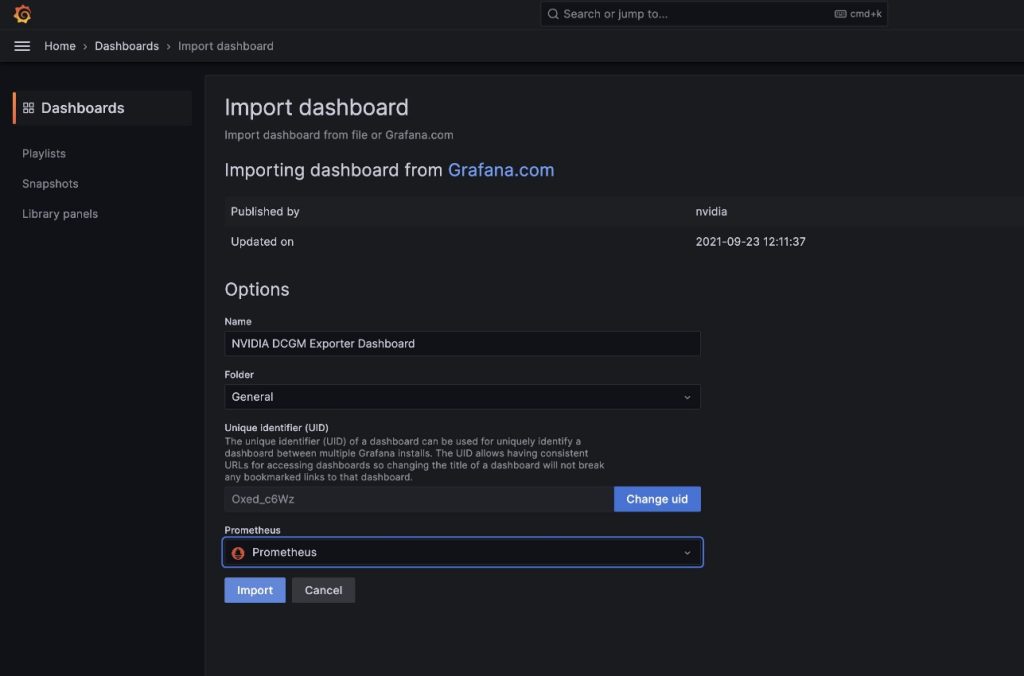 Grafana - import dashboard