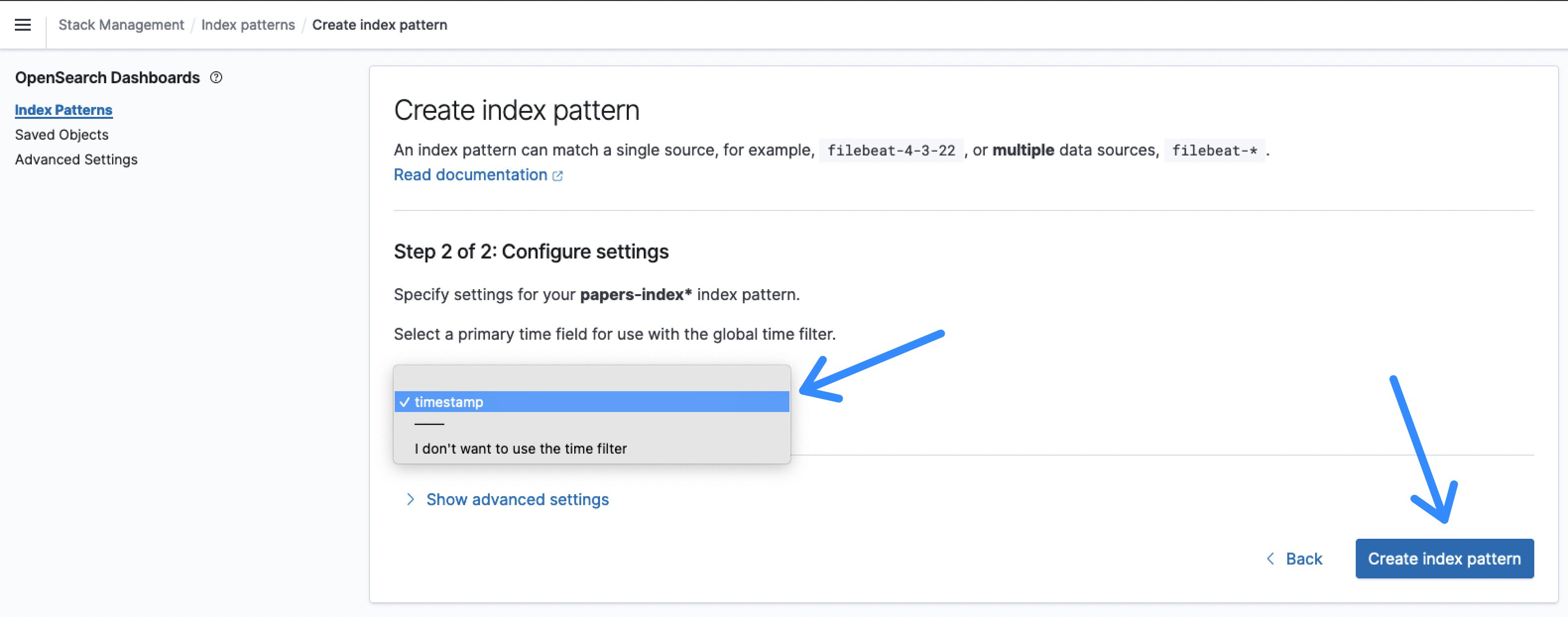 Figure 9: OpenSearch index pattern time field