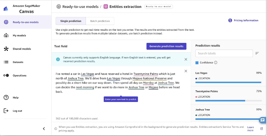 Entites Extraction on SageMaker Canvas