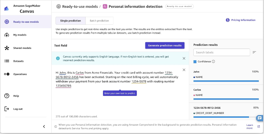 PII Detection on SageMaker Canvas