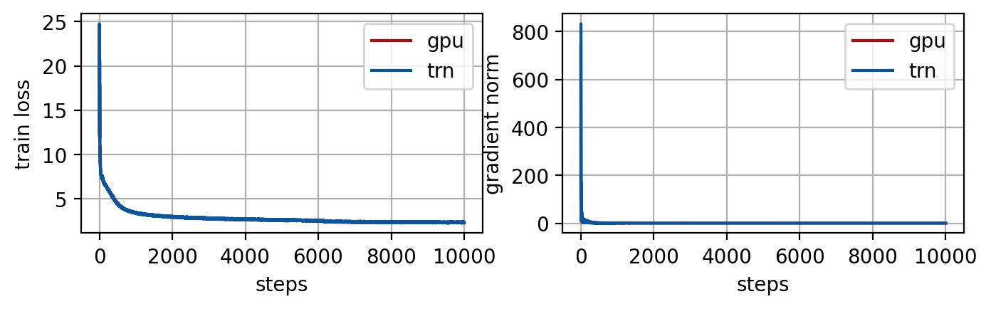 Training loss averaged across all workers (left) and gradient norm (right) at training each step.