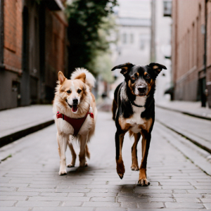 2 dogs walking on street