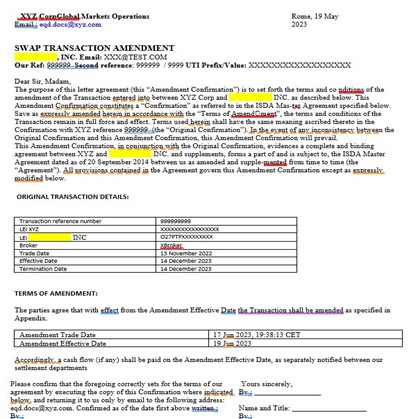 Sample Derivative Confirmation document with commercial terms