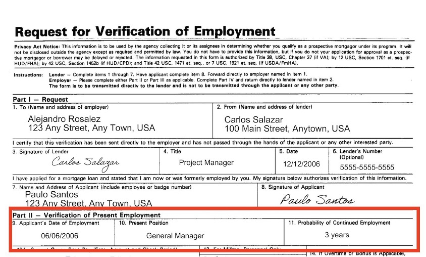 Ejemplo de verificación de empleo