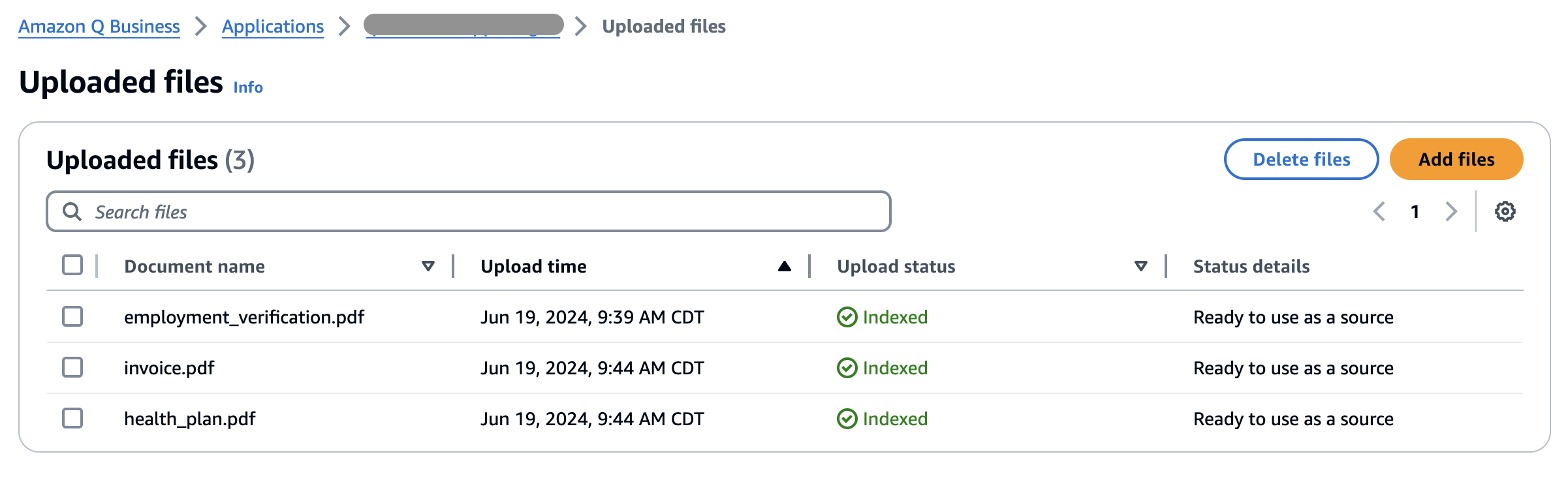 Indexed documents in uploaded files section.