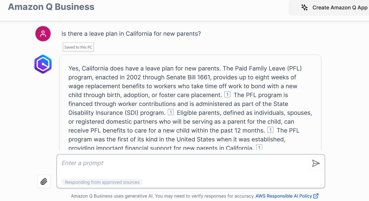 Amazon Q Business Web application with question and response on leave plan in California for new parents