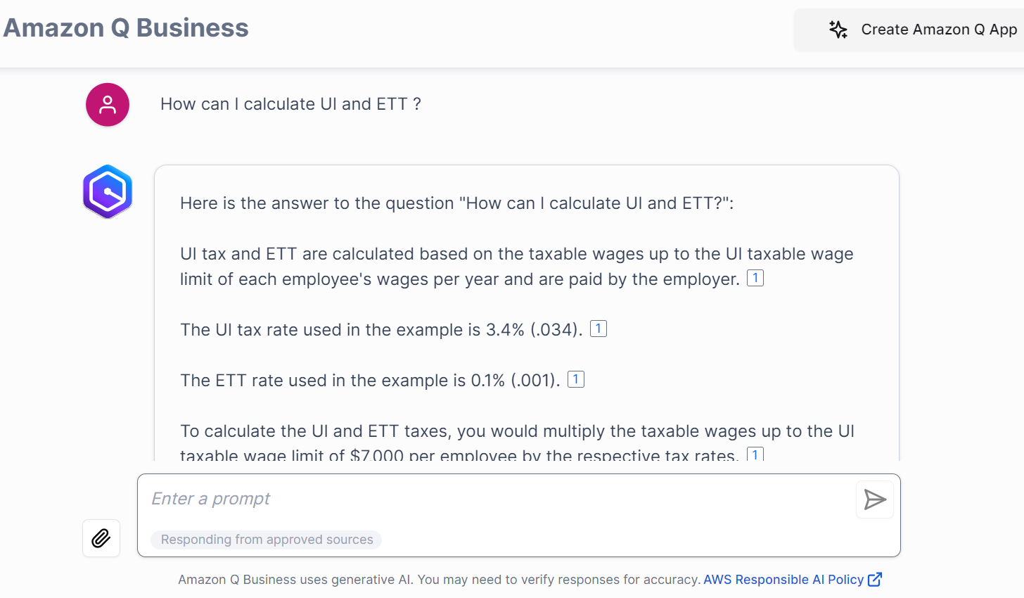 Amazon Q Business Web application with question and response on "how can i calculate UI and ETT"