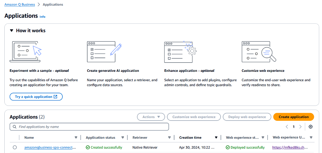 Getting Web Application URL from Amazon Q Business Application page 