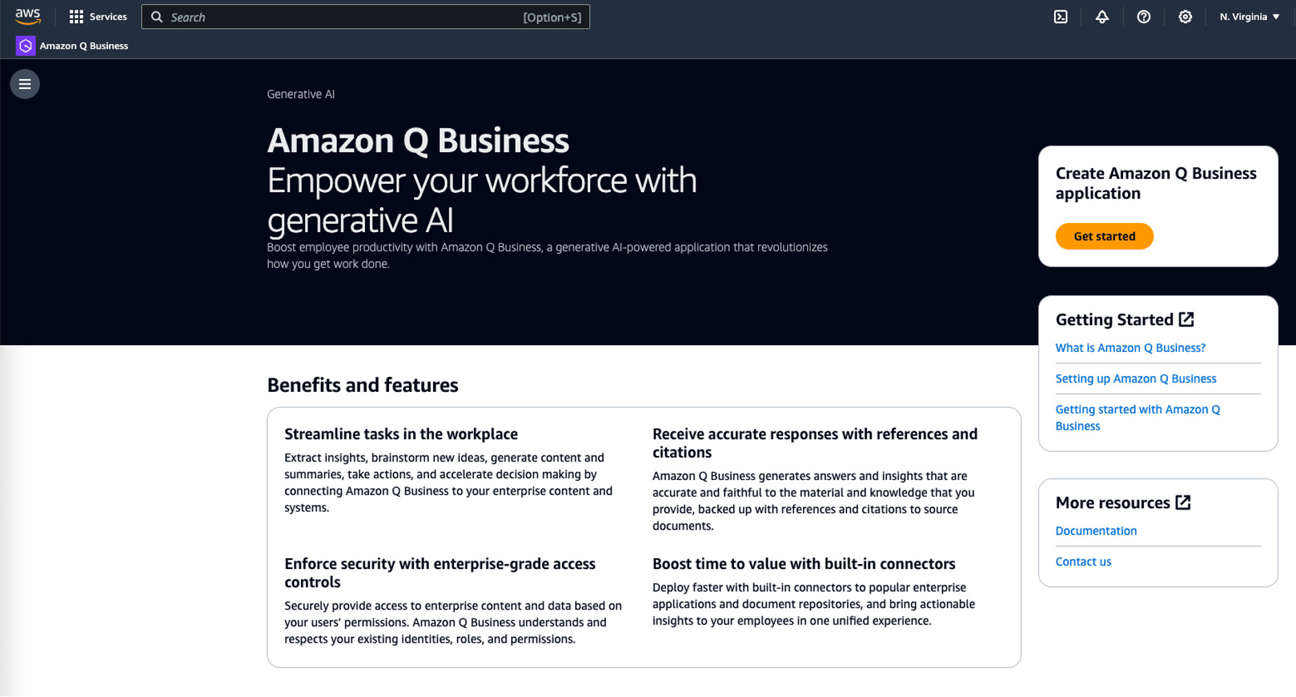 Figure 1: Initial Amazon Q for Business home page