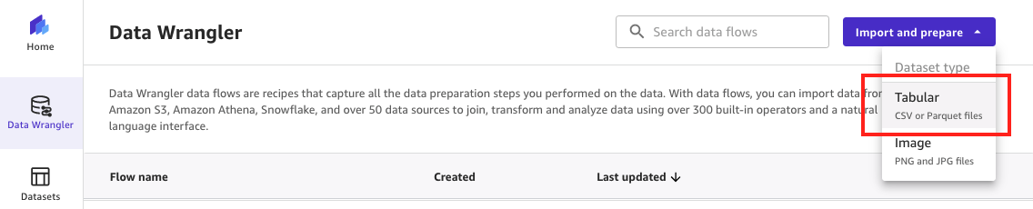 The screenshot shows how tabular data is imported using SageMaker Data Wrangler. Tabular from the import and prepare option is highlighted.