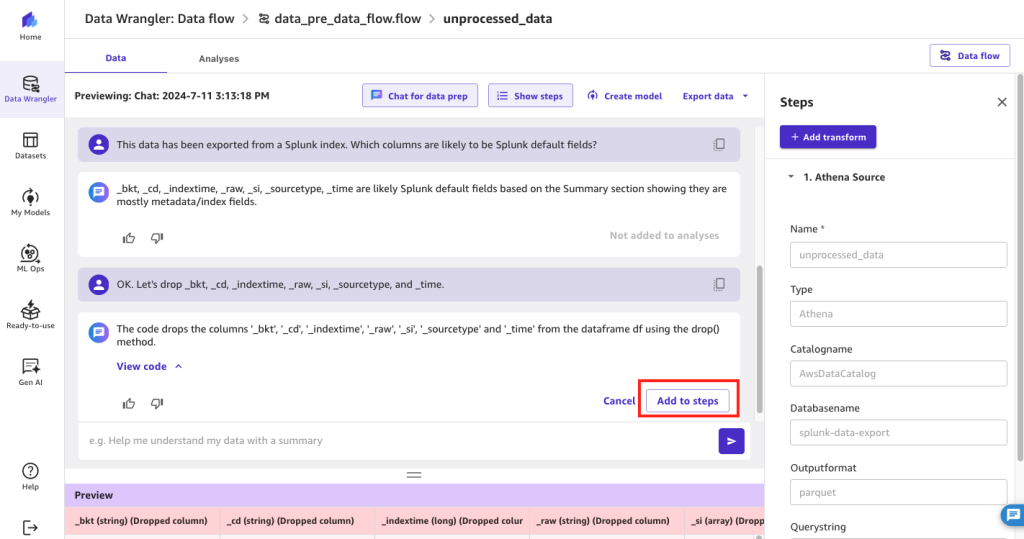 The screenshot shows how SageMaker Data Wrangler’s chat for data prep is used to identify Splunk’s default fields. Conversation has been captured above the screenshot. Add to steps button is highlighted in the screenshot.