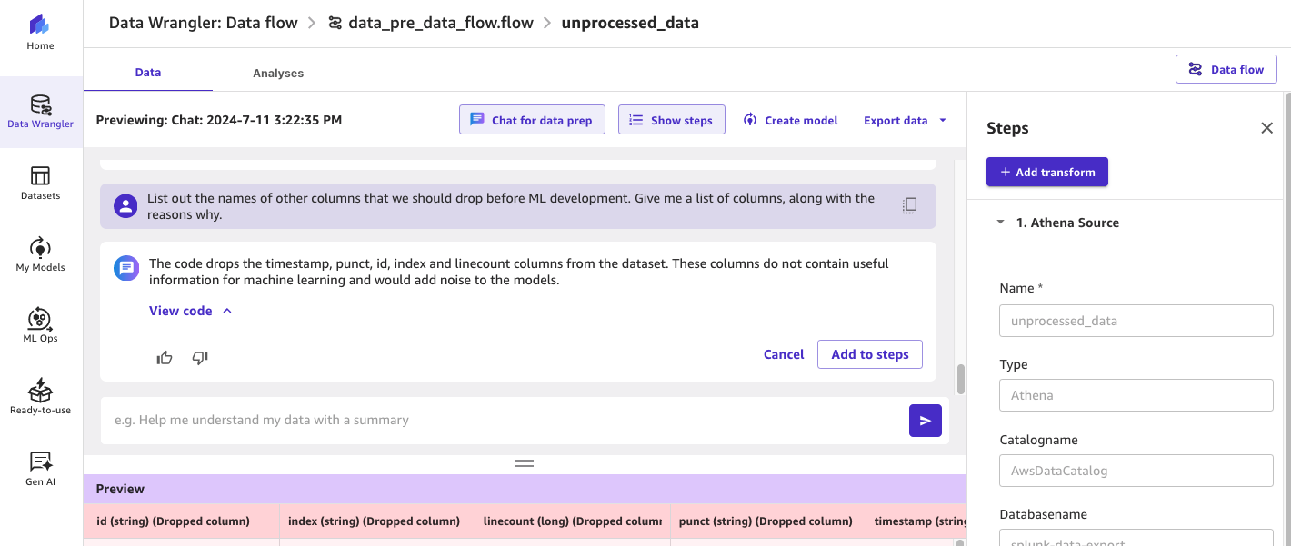 The screenshot shows how SageMaker Data Wrangler’s chat for data prep is used to identify additional fields that can be dropped. Conversation has been captured above the screenshot.