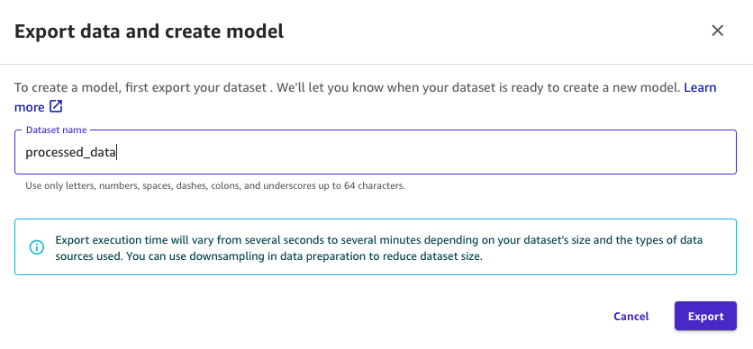 The screenshot shows how the exported dataset is named in SageMaker Data Wrangler. A name, processed_data, is being entered into the dataset name field.