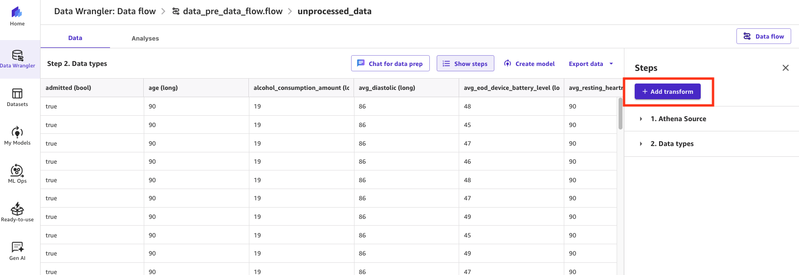 The screenshot shows how a transform can be added to a data flow in SageMaker Data Wrangler. The add transform option on the final step is highlighted.