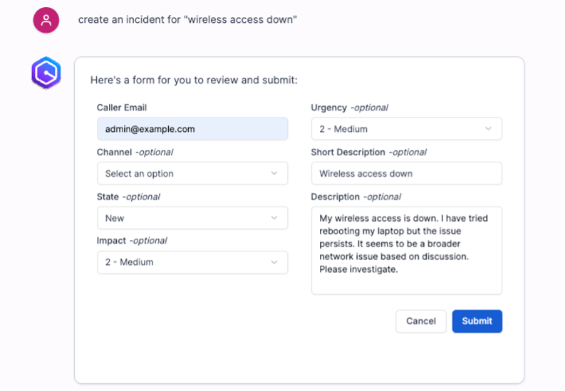 Screenshot showing employee interacting with the form presented by the application to create an incident in ServiceNow