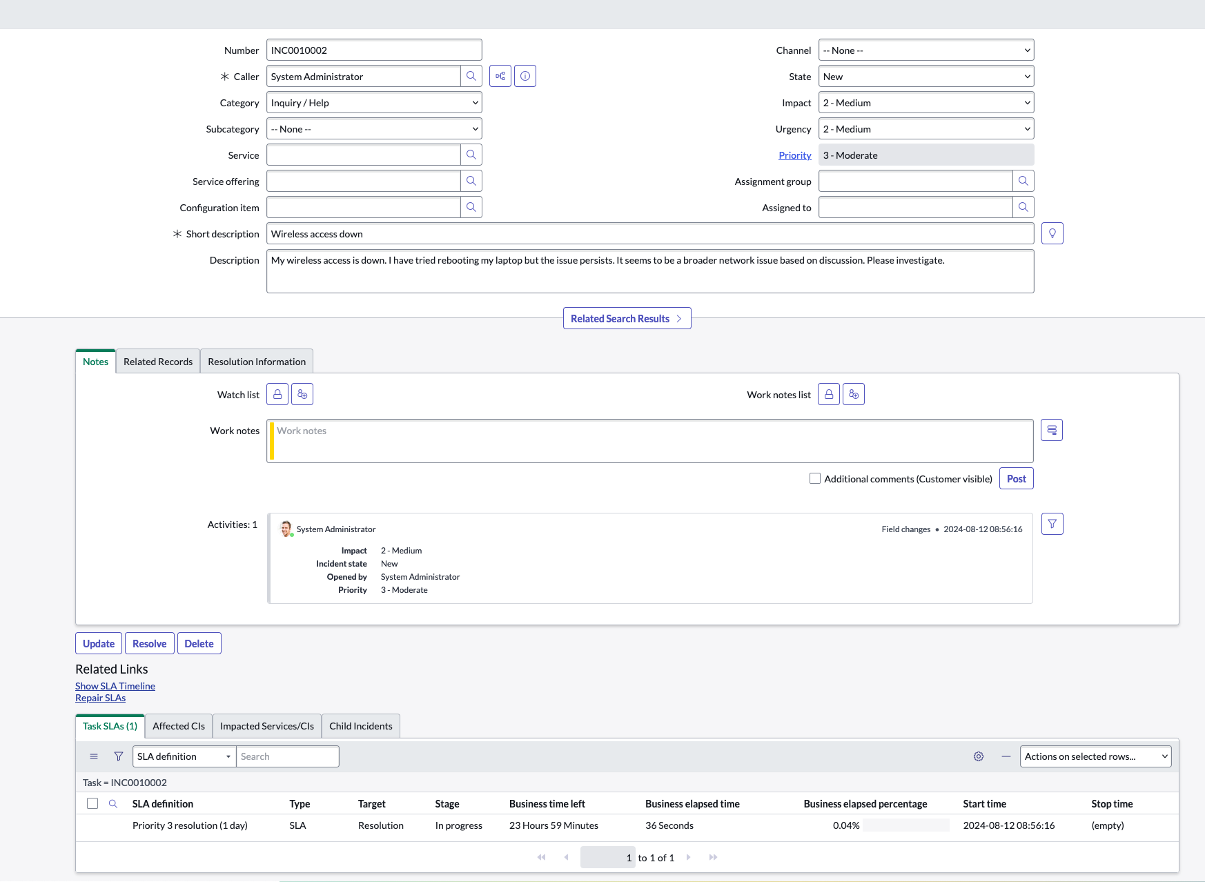 Screenshot of the created incident in ServiceNow