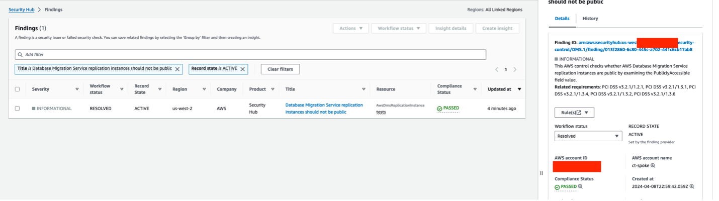 Figure 5 : Validation of successful remediation of AWS Security Hub Control Finding