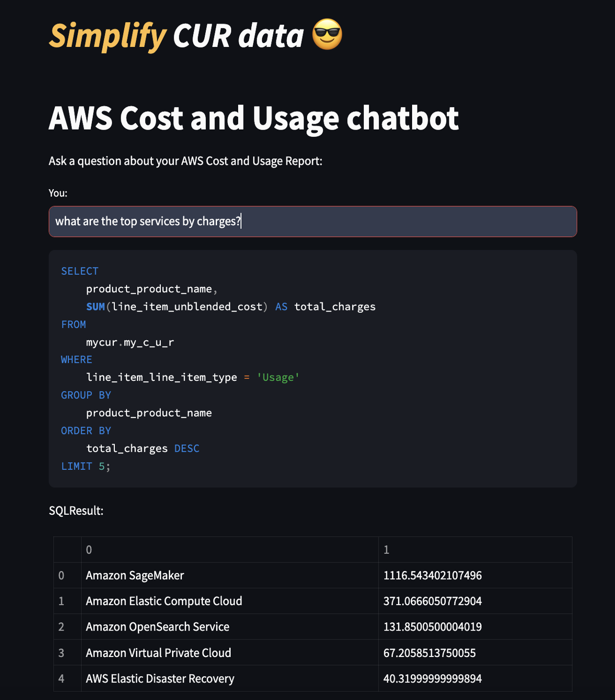 Figure 5. Shows final output presented on the chat bot webapp including SQL Query and the Query results