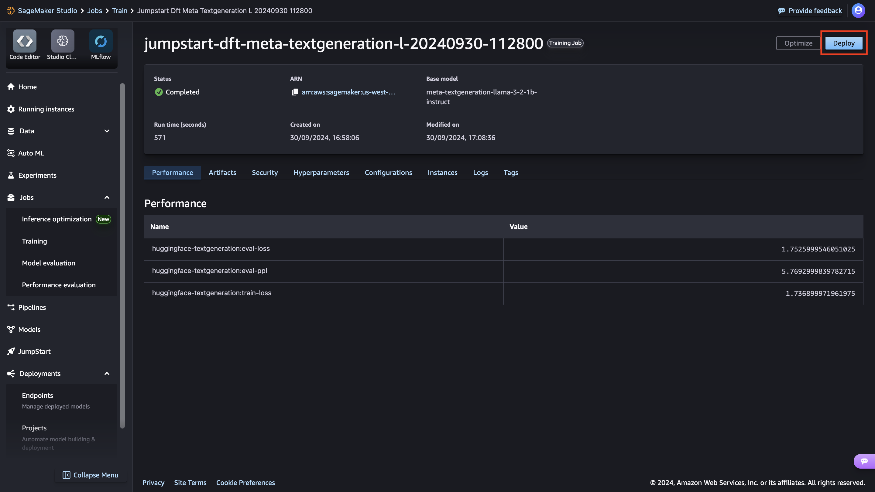 Step 8 No-Code Fine-tune Meta Llama 3.2 SageMaker JumpStart