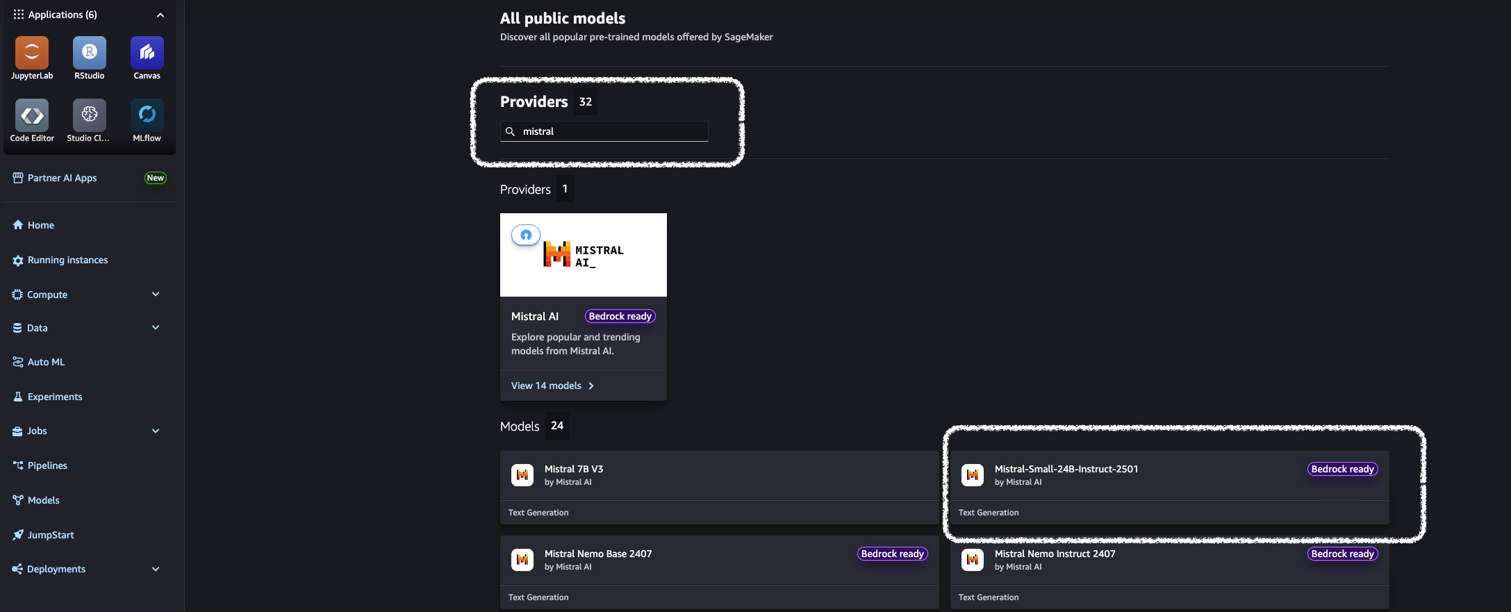 Dark-themed SageMaker dashboard displaying Mistral AI models with Bedrock ready status