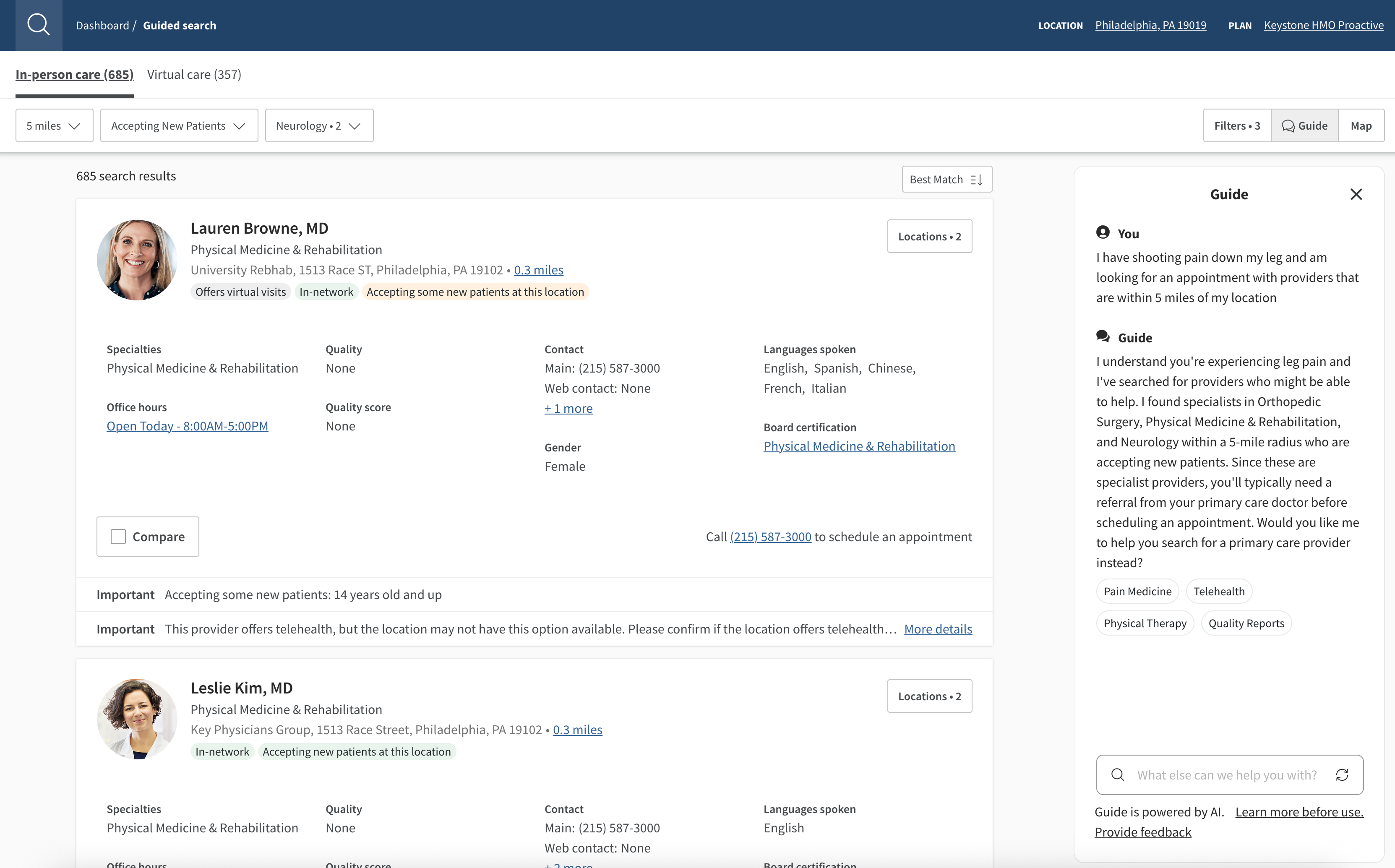 The image shows a healthcare provider search interface using plain speech. It displays search results for physical medicine and rehabilitation specialists, including detailed information about two providers such as their specialties, contact information, and office hours.