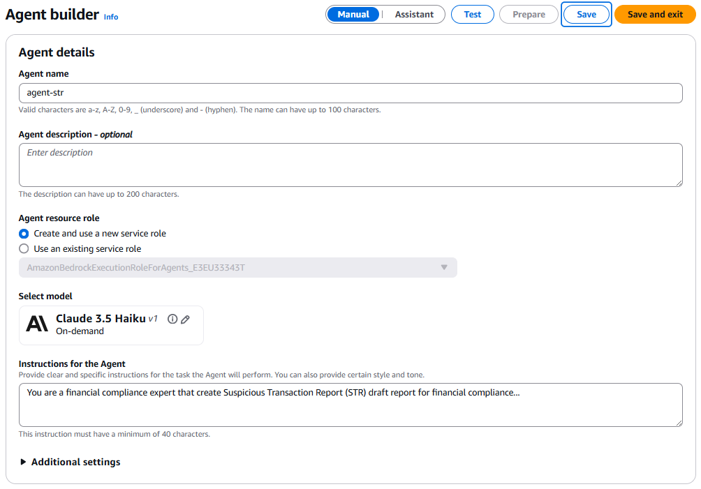 Agent builder showing role selection, model choice, and instruction input for STR reporting