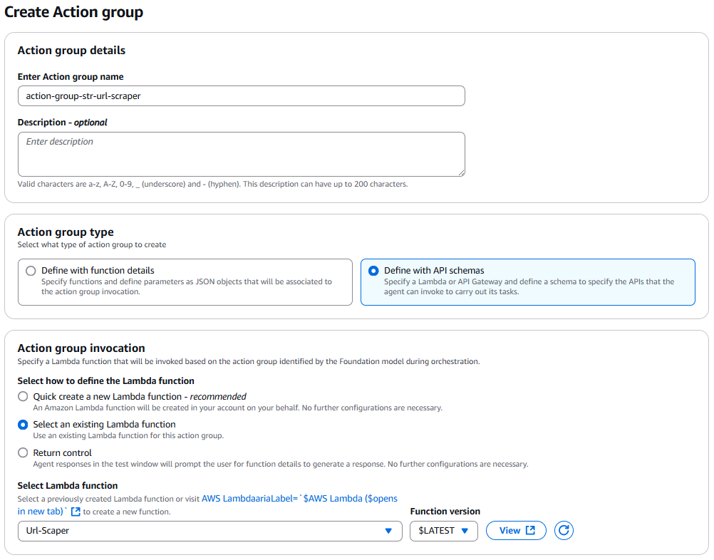 Action group configuration interface with Lambda function selection and API schema options