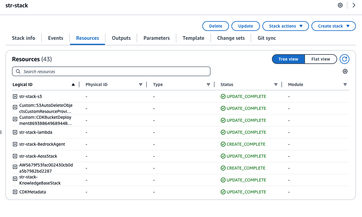 CloudFormation console showing str-stack resources with UPDATE_COMPLETE and CREATE_COMPLETE statuses