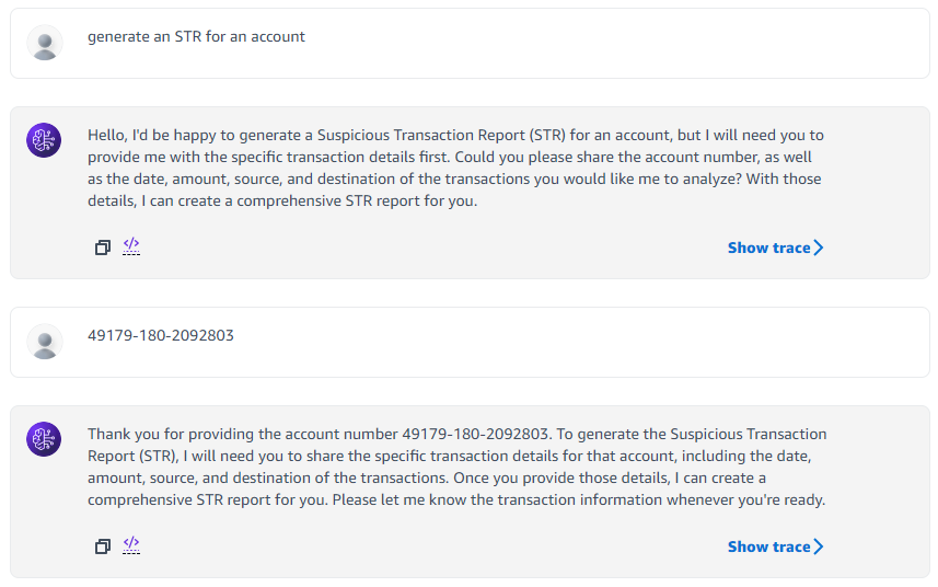AI assistant conversation requesting details for Suspicious Transaction Report generation