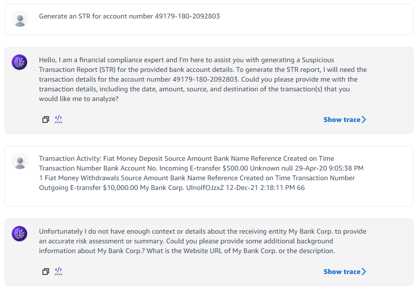 AI assistant conversation requesting details for Suspicious Transaction Report generation