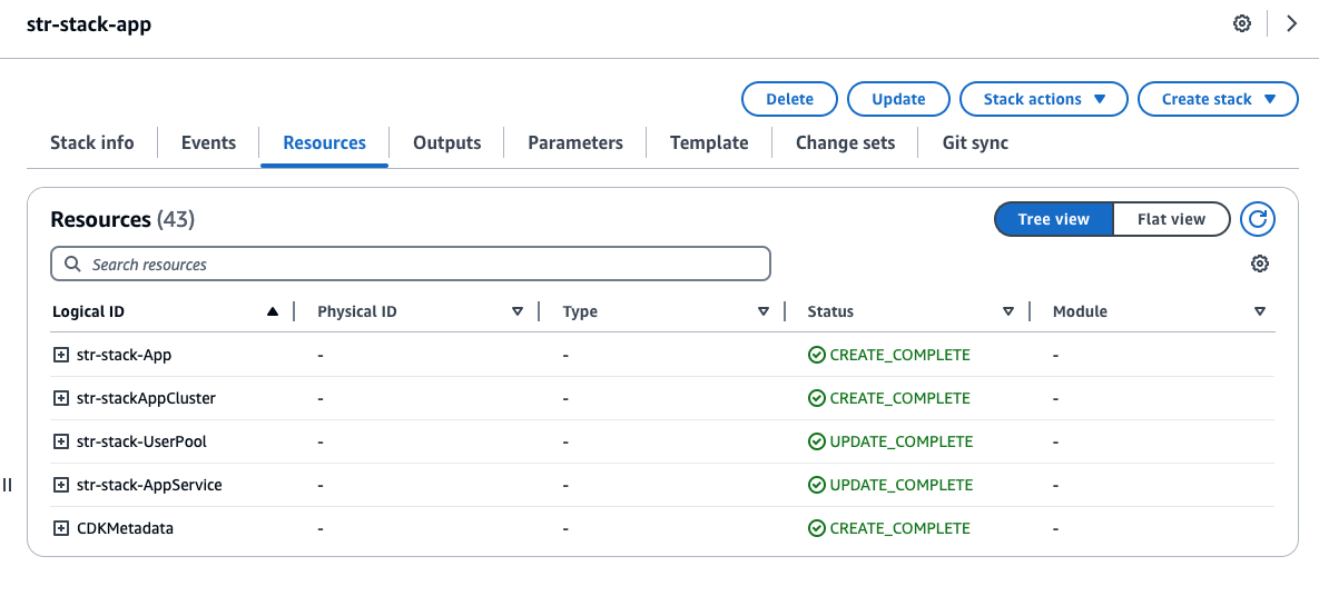 Stack resources panel displaying str-stack-app components with creation and update statuses