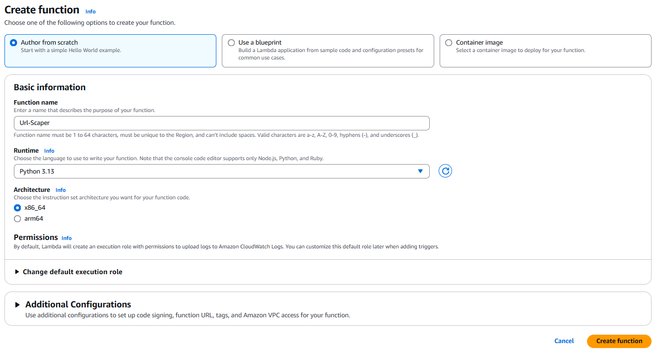 Lambda function setup page with runtime and architecture options