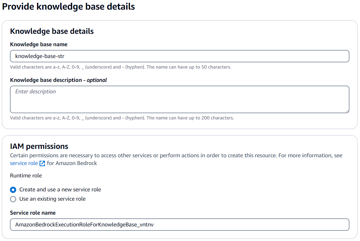 Knowledge base configuration form for name and description