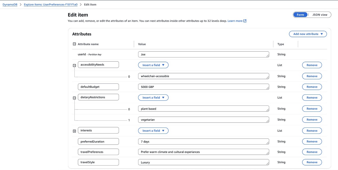 Database item editor showing user travel preferences including budget, dietary restrictions, and accessibility needs