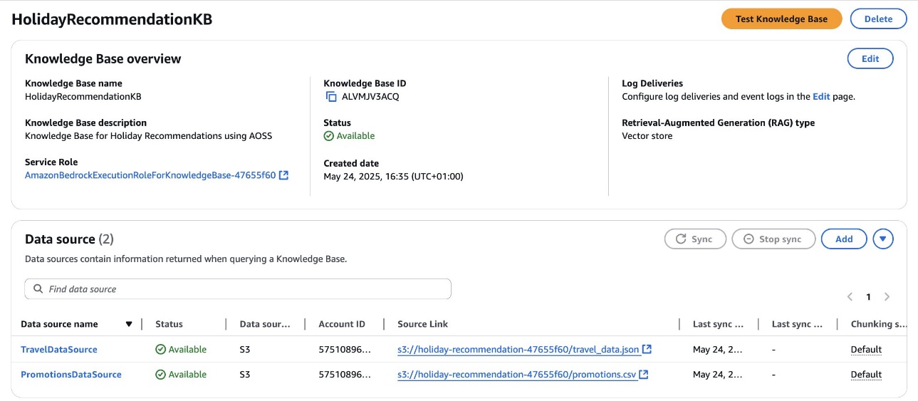 AWS Knowledge Base configuration page showing HolidayRecommendationKB settings