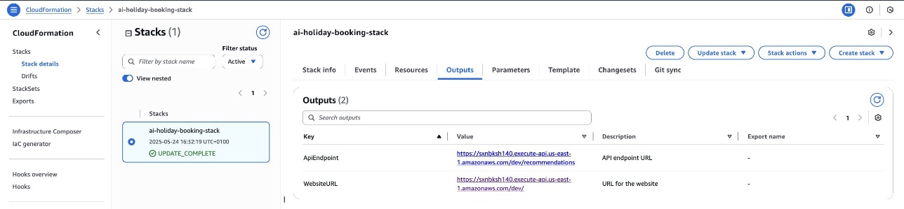 CloudFormation stack showing API endpoint and website URL outputs