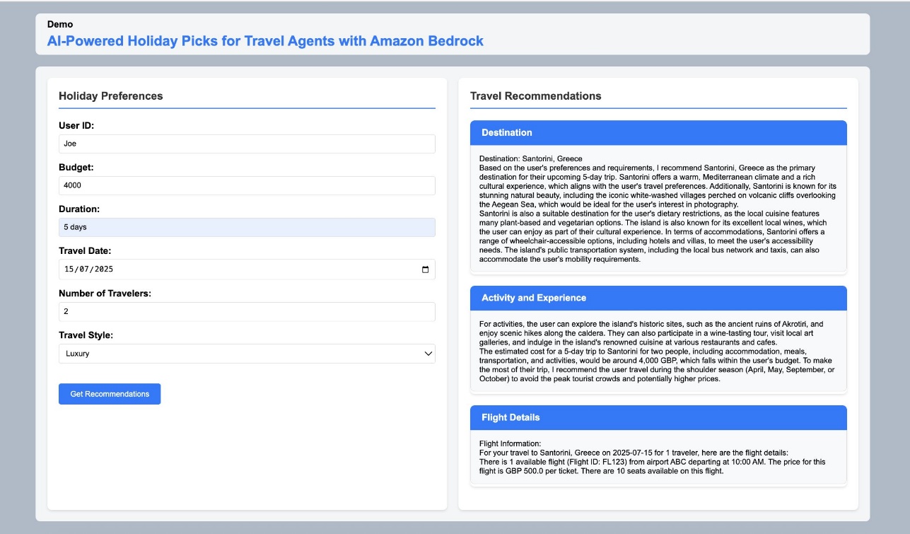 AI-driven holiday planner interface displaying user preferences and detailed Santorini travel recommendations powered by Amazon Bedrock
