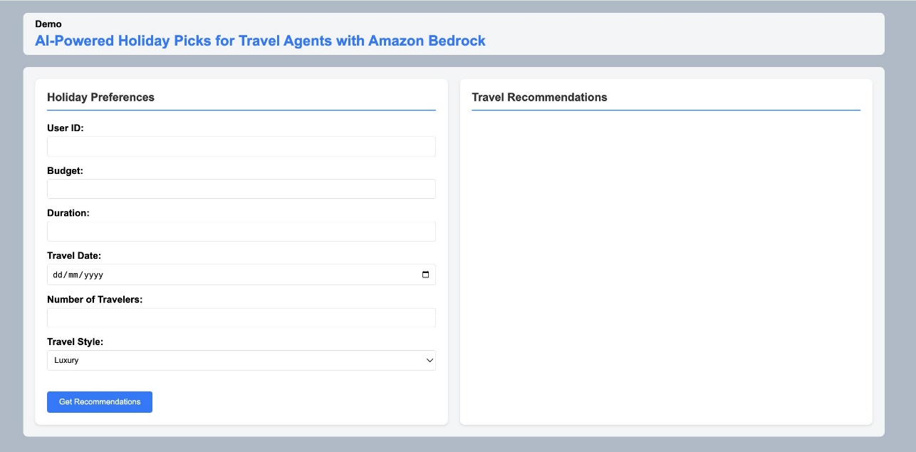 Empty travel recommendation interface with user preference input fields