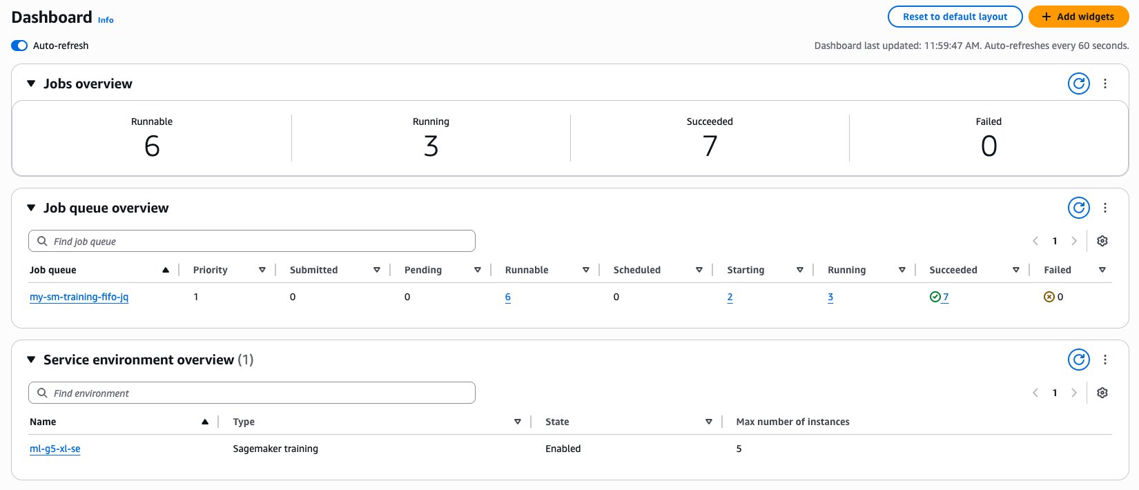 AWS Batch 콘솔에서 작업 상태 확인 화면