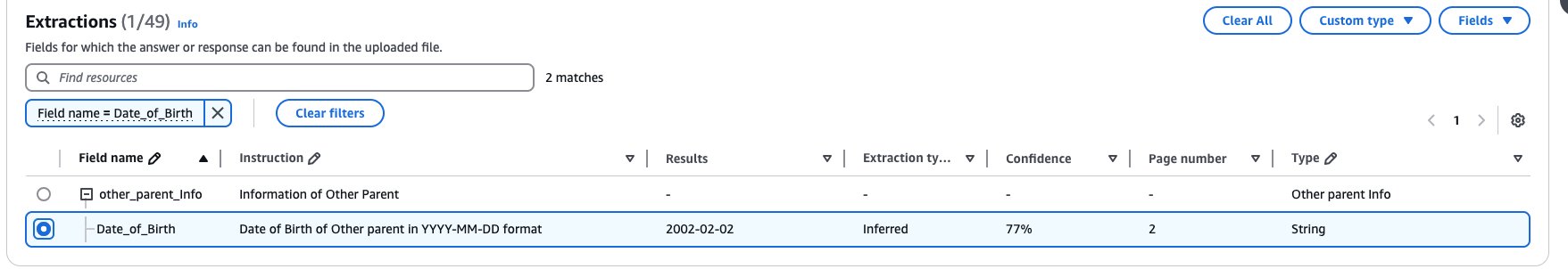 Bedrock Data Automation interface displaying extracted and normalized Date of Birth data