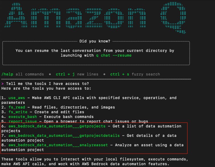 Interactive AWS terminal interface showing Q CLI, MCP and Bedrock Data Automation project management and analysis capabilities