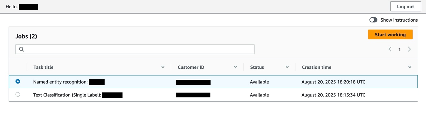 SageMaker Ground Truth labeling portal interface displaying two available tasks with status, creation times, and control options