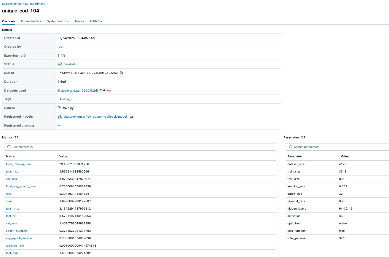 Detailed MLflow run overview showing experiment metrics, neural network parameters, and performance statistics for abalone-tensorflow model
