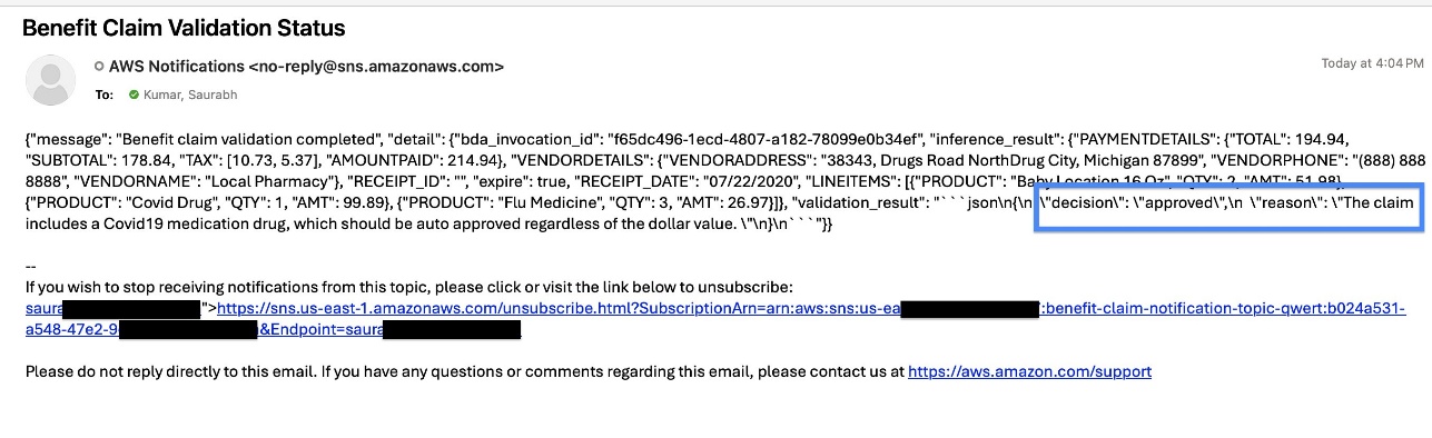 Benefit claim result email showing automatic approval decision